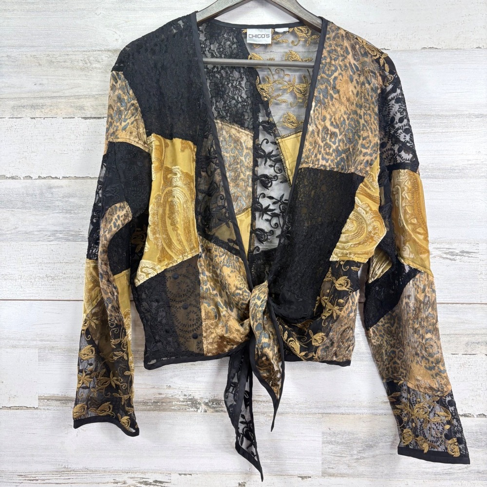 Chicos Patchwork Lace Leopard Paisley Tie Front Kimono Top Sheer Gold Black M - Picture 1 of 9
